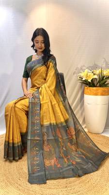 Yellow Chanderi Silk And Digital Printe Saree Zari Weaving Rich Pallu Saree With Blouse For Women 3