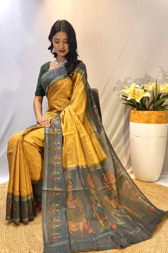 Yellow Chanderi Silk And Digital Printe Saree Zari Weaving Rich Pallu Saree With Blouse For Women