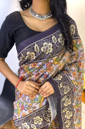 Lavender Classic Soft Cotton Digital printed Saree With Blouse For Women