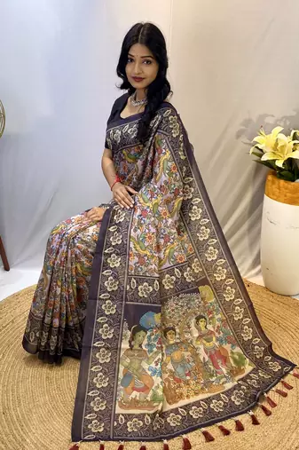 Lavender Classic Soft Cotton Digital printed Saree With Blouse For Women