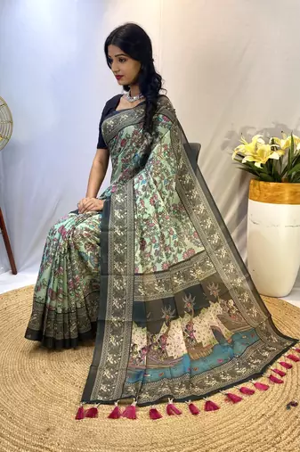 Rama Classic Soft Cotton Digital printed Saree With Blouse For Women