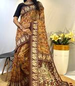 Gold Classic Soft Cotton Digital printed Saree With Blouse For Women