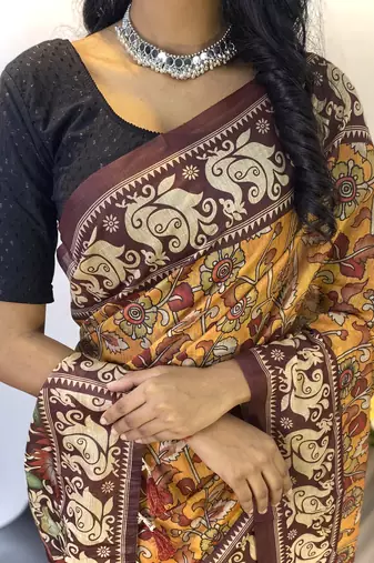 Gold Classic Soft Cotton Digital printed Saree With Blouse For Women