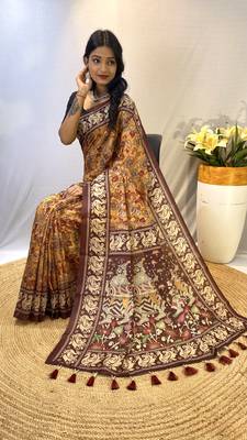 Gold Classic Soft Cotton Digital printed Saree With Blouse For Women 3