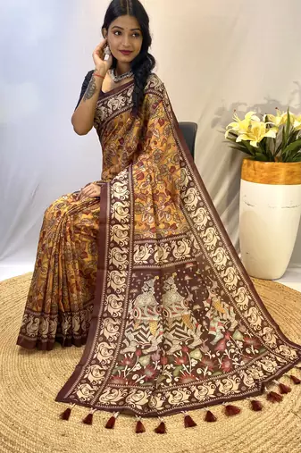 Gold Classic Soft Cotton Digital printed Saree With Blouse For Women