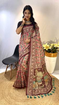 Pink Classic Soft Cotton Digital printed Saree With Blouse For Women 1