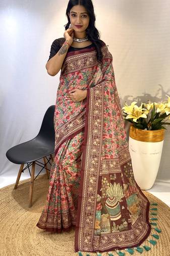 Pink Classic Soft Cotton Digital printed Saree With Blouse For Women