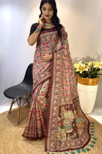 Pink Classic Soft Cotton Digital printed Saree With Blouse For Women