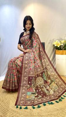 Pink Classic Soft Cotton Digital printed Saree With Blouse For Women 4