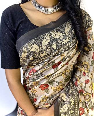Grey Classic Soft Cotton Digital printed Saree With Blouse For Women 2