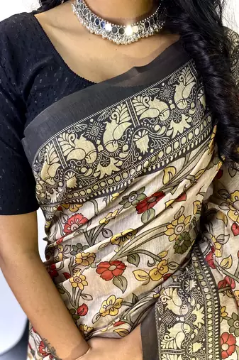 Grey Classic Soft Cotton Digital printed Saree With Blouse For Women