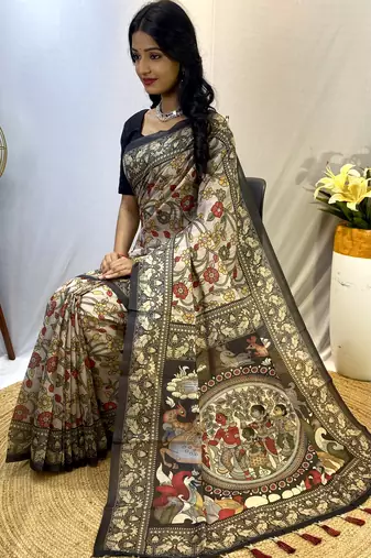 Grey Classic Soft Cotton Digital printed Saree With Blouse For Women