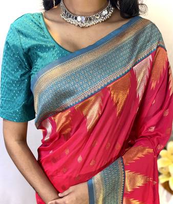 Pink Designer Kanchipuram Silk And Zari Weaving Saree With Blouse For Women 2