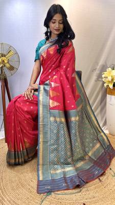 Pink Designer Kanchipuram Silk And Zari Weaving Saree With Blouse For Women 3