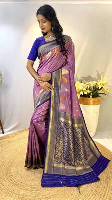 Lavender Designer Kanchipuram Silk And Zari Weaving Saree With Blouse For Women 1
