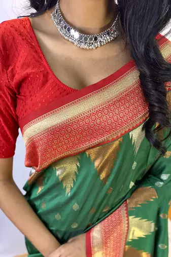 Bottle Green Designer Kanchipuram Silk And Zari Weaving Saree With Blouse For Women
