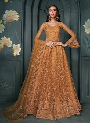 Dark Mustard Cording & Thread Embroidery With Stone Work Lehenga Choli For Wedding 1