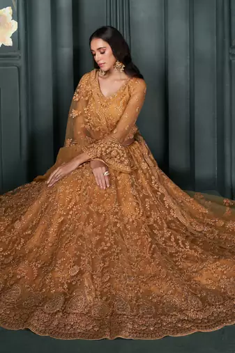 Dark Mustard Cording & Thread Embroidery With Stone Work Lehenga Choli For Wedding