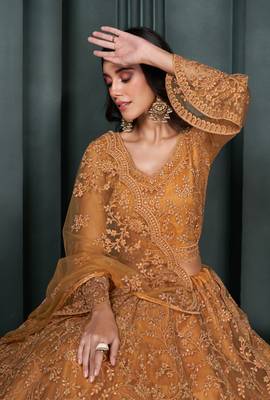 Dark Mustard Cording & Thread Embroidery With Stone Work Lehenga Choli For Wedding 3