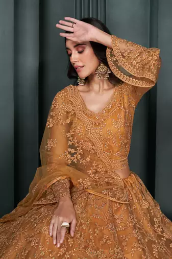 Dark Mustard Cording & Thread Embroidery With Stone Work Lehenga Choli For Wedding