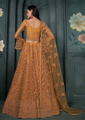 Dark Mustard Cording & Thread Embroidery With Stone Work Lehenga Choli For Wedding 4