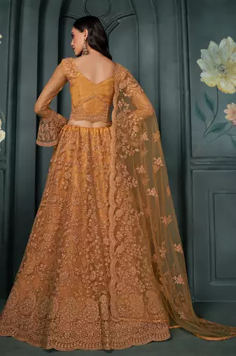 Dark Mustard Cording & Thread Embroidery With Stone Work Lehenga Choli For Wedding