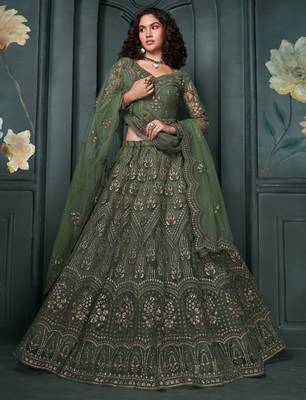 Olive Green Cording & Thread Embroidered With Stone Work Lehenga Choli For Wedding 1