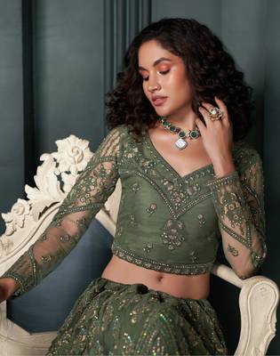 Olive Green Cording & Thread Embroidered With Stone Work Lehenga Choli For Wedding 2