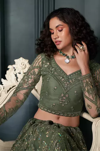 Olive Green Cording & Thread Embroidered With Stone Work Lehenga Choli For Wedding