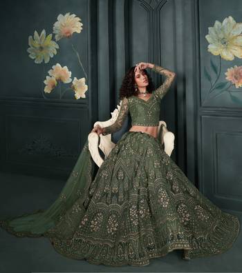 Olive Green Cording & Thread Embroidered With Stone Work Lehenga Choli For Wedding 3