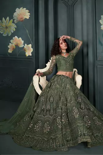 Olive Green Cording & Thread Embroidered With Stone Work Lehenga Choli For Wedding