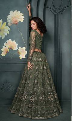 Olive Green Cording & Thread Embroidered With Stone Work Lehenga Choli For Wedding 4