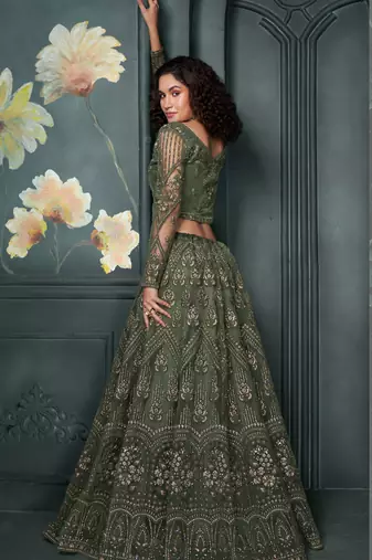 Olive Green Cording & Thread Embroidered With Stone Work Lehenga Choli For Wedding