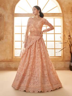 Peach Cording & Thread Embroidered With Stone Work Lehenga Choli For Bride 1