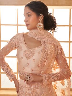 Peach Cording & Thread Embroidered With Stone Work Lehenga Choli For Bride 2