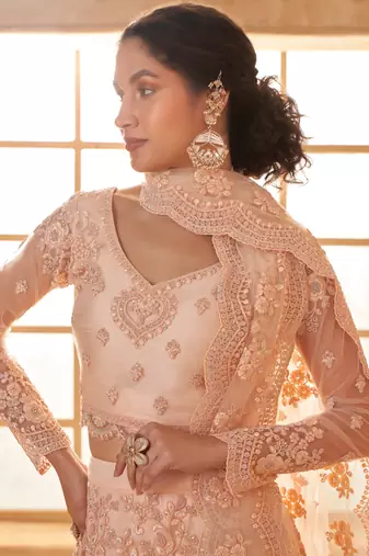 Peach Cording & Thread Embroidered With Stone Work Lehenga Choli For Bride