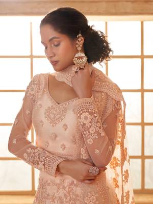 Peach Cording & Thread Embroidered With Stone Work Lehenga Choli For Bride 3