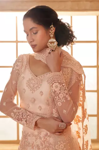 Peach Cording & Thread Embroidered With Stone Work Lehenga Choli For Bride
