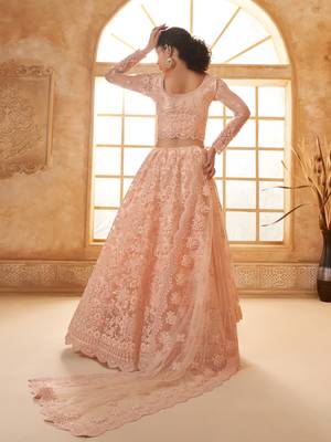 Peach Cording & Thread Embroidered With Stone Work Lehenga Choli For Bride 4