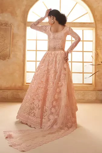 Peach Cording & Thread Embroidered With Stone Work Lehenga Choli For Bride