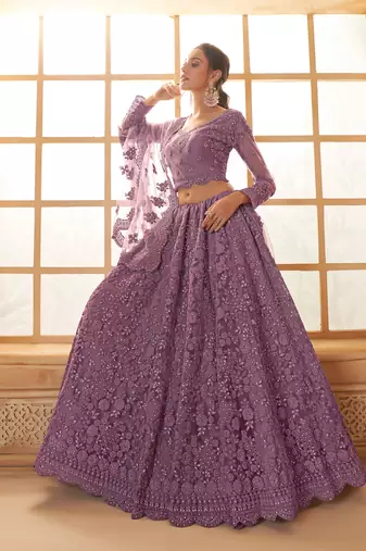 Purple Cording & Thread Embroidered With Stone Work Lehenga Choli