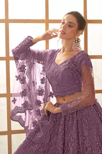 Purple Cording & Thread Embroidered With Stone Work Lehenga Choli