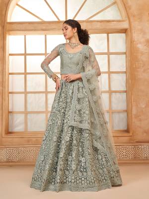  Grullo Grey Cording Thread Embroidered With Stone Work Net With Silk Inner Indian Wedding Lehenga Dress 1