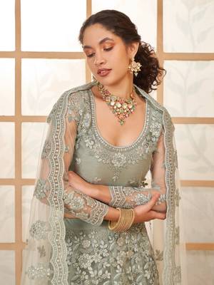  Grullo Grey Cording Thread Embroidered With Stone Work Net With Silk Inner Indian Wedding Lehenga Dress 2