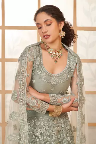  Grullo Grey Cording Thread Embroidered With Stone Work Net With Silk Inner Indian Wedding Lehenga Dress