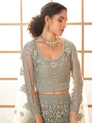  Grullo Grey Cording Thread Embroidered With Stone Work Net With Silk Inner Indian Wedding Lehenga Dress 3