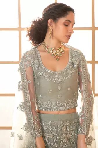  Grullo Grey Cording Thread Embroidered With Stone Work Net With Silk Inner Indian Wedding Lehenga Dress