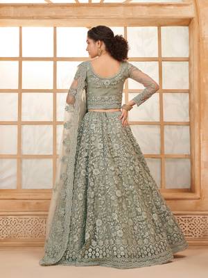  Grullo Grey Cording Thread Embroidered With Stone Work Net With Silk Inner Indian Wedding Lehenga Dress 4