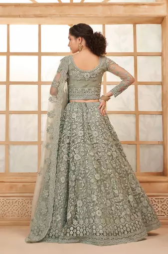  Grullo Grey Cording Thread Embroidered With Stone Work Net With Silk Inner Indian Wedding Lehenga Dress