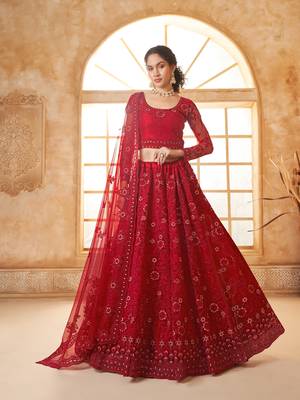 Red Cording & Thread Embroidered With Stone Work Lehenga Choli 1